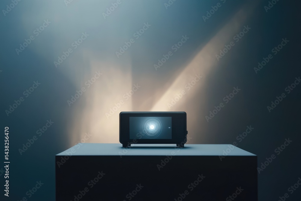 Poster a modern projector displays an abstract, swirling light pattern on a minimalist platform in a dimly 
