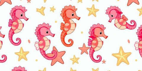 Seamless pattern featuring cute cartoon seahorses and starfish on a summery background, wildlife, summer pattern