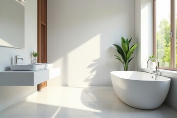 Fototapeta premium Bright white bathroom, natural light, empty countertop, renovation, design, space
