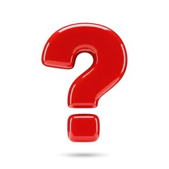 A shiny red question mark isolated on a white background with a subtle shadow underneath it