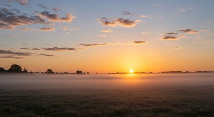 Fototapeta premium Light mist rising under scattered clouds at sunrise