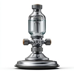 A shiny, metallic laboratory burner with a glass container filled with liquid, set against a plain white background.