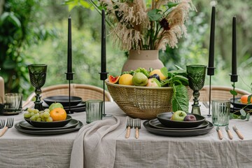 Outdoor Dinner Table with Neutral Linen, Green Monochrome, Fresh Produce, and Elegant Decor
