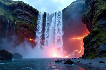 Fototapeta premium Majestic waterfall cascades into a blue pool, surrounded by cliffs, glowing lava, and dramatic lightning under a cloudy sky.