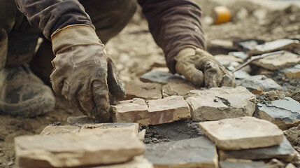 Construction Worker Laying Stone Pavers