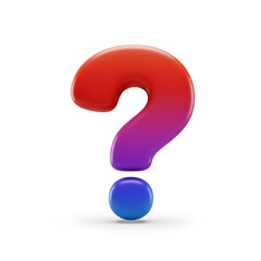 A vibrant question mark with a gradient from red to purple and a blue dot on a white background