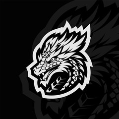 Dragon mascot animal esport illustration logo design, black white