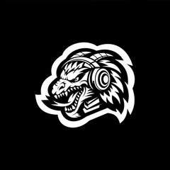 Dragon with headphone mascot esport illustration logo design, black white
