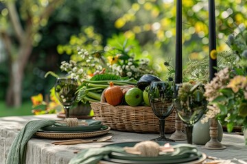 Outdoor Dinner Table with Neutral Linen, Green Monochrome, Fresh Produce, and Elegant Decor