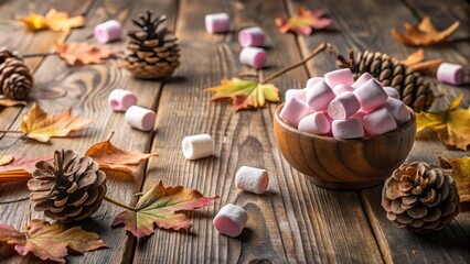 Fototapeta premium Softly scattered pink marshmallows create a whimsical landscape on a rustic wooden table, surrounded by natural elements like pinecones and fallen leaves , dessert, fall