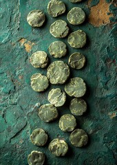 Round, dark green, small, preserved peas on teal surface