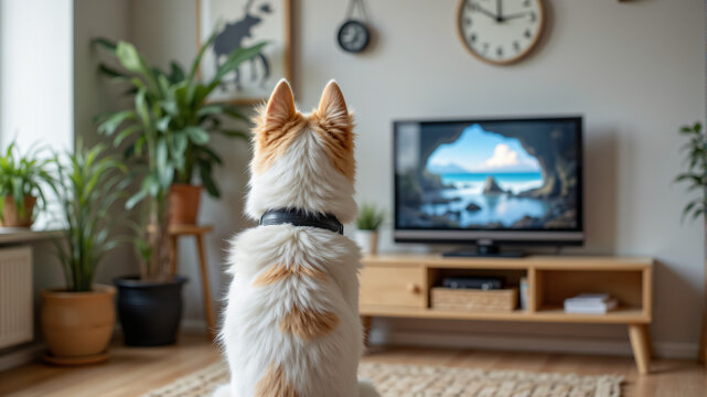 Dog Watching TV in Cozy Living Room