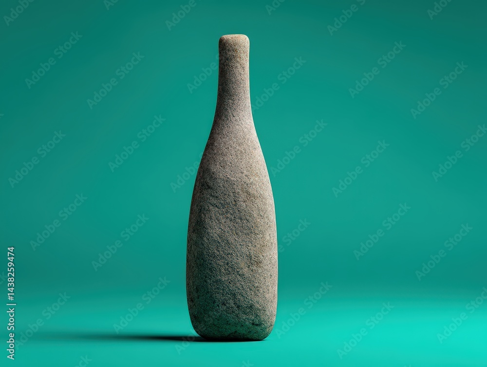Poster handmade rough stone vase centered on aqua background creating sculptural object with ancient tactil