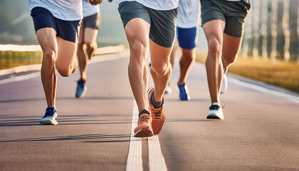 Naklejka premium A group of people wearing colorful running clothes run together on a paved road. Generative AI.