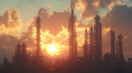 Obraz premium Silhouetted Oil Refinery at Sunset: A Dramatic Industrial Landscape