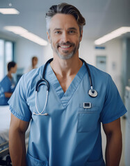 Smiling doctor in white coat and tie, stethoscope around neck, arms crossed. Friendly medical professional, healthcare setting Generative AI