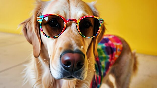 Golden retriever wearing sunglasses and colorful outfit against yellow background  