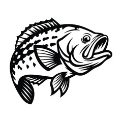 Black and White Largemouth Bass Fish, Isolated, Leaping, Detailed Outline, Monochrome