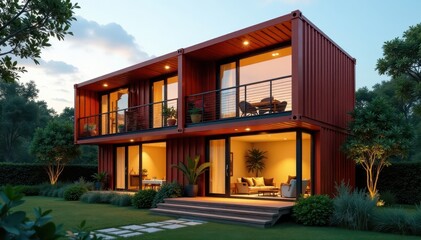 Fototapeta premium Modern sustainable shipping container apartment building exterior, prefab, sustainable living