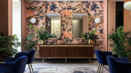 Interior design Sitting room with plants, floral wallpaper & wall mirrors