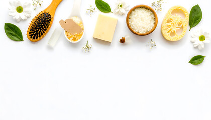 Aromatherapy spa elements arranged on a white surface with floral accents. Generative AI.