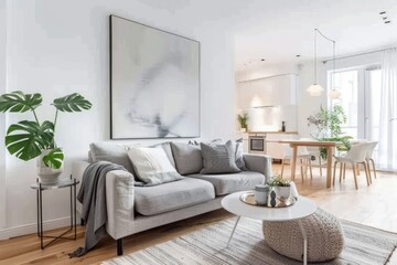 Scandinavian Living Room with Wooden Parquet, Grey Sofa, and Open Door to Dining Area
