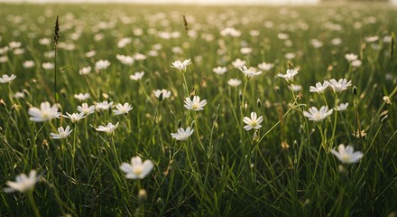 Fototapeta premium Serene Meadow A Field of Delicate White Wildflowers Bathed in Golden Sunlight