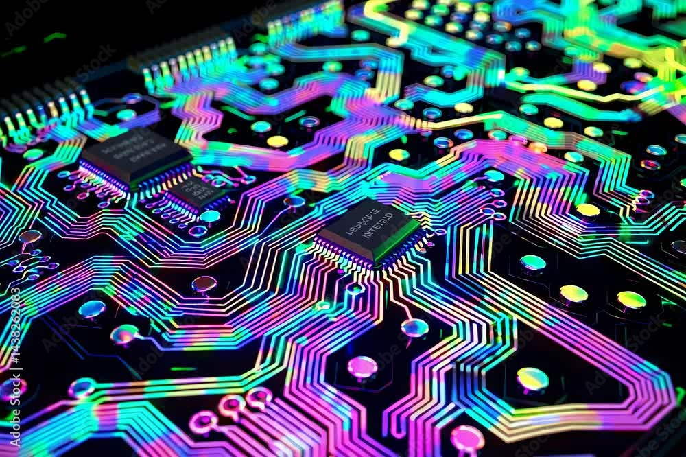 Aufkleber a stylized depiction of a circuit board, set against a backdrop of technological and electronic elem