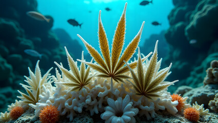 Coral-infused cannabis leaves. Marine conservation HD wallpaper.