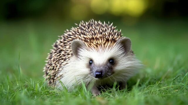 A cute hedgehog with brown fur and black spikes walking on the grass.
