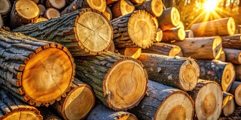 A stack of logs basking in the golden light of the setting sun, revealing intricate rings of growth that tell a story of time and resilience