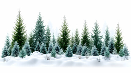 Obraz premium Winter scene snowy hills with evergreen trees covered with snow on a white background peaceful and serene