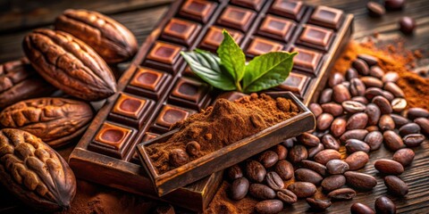 Aromatic Cocoa Beans, Rich Chocolate Squares, and Roasted Coffee Beans on a Rustic Wooden Surface