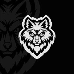 Wolf head mascot animal esport illustration logo design, black white