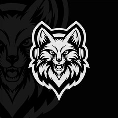 Wolf head with headphone mascot animal esport illustration logo design, black white
