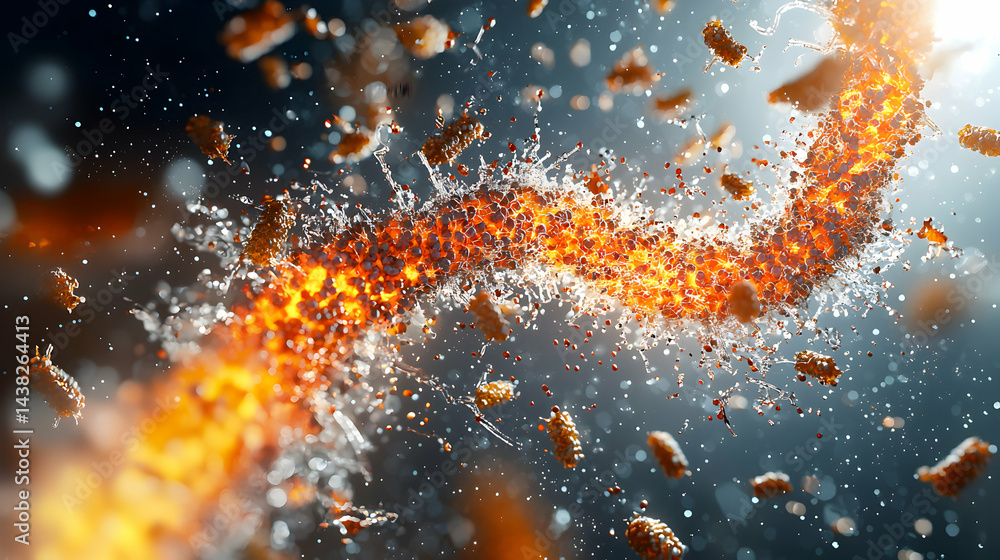 Poster an artistic rendering of a cellular or molecular explosion. use this as a background in science or m