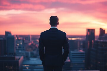 Plakat A businessman stands on a rooftop, overlooking a city skyline at sunset, contemplating the future.