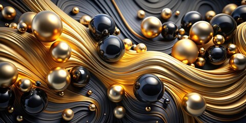Abstract Composition of Spheres and Swirling Shapes in a Luxurious Gold and Black Color Palette