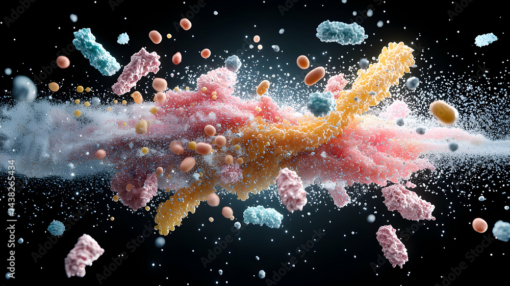 Poster abstract artwork showcasing a microscopic view of cellular structures. suitable for educational mate