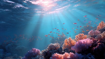 Obraz premium Vibrant coral reef with colorful fish and sunlit underwater clarity