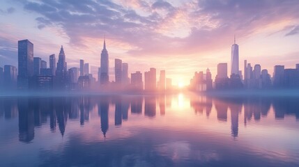 Fototapeta premium Sunrise over a city skyline reflected in calm water
