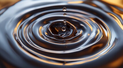 Droplets impacting, rippling water surface with golden undercurrents, creating patterns