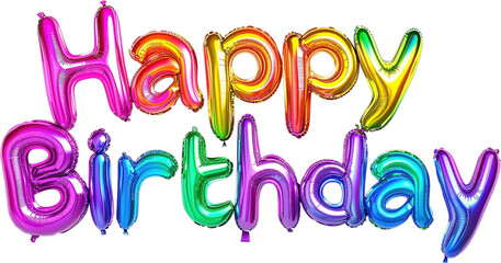 Multicolored metallized foil balloons with the words “Happy Birthday”  on a transparent and isolated white background. Generated AI