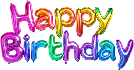Multicolored metallized foil balloons with the words “Happy Birthday”  on a transparent and isolated white background. Generated AI