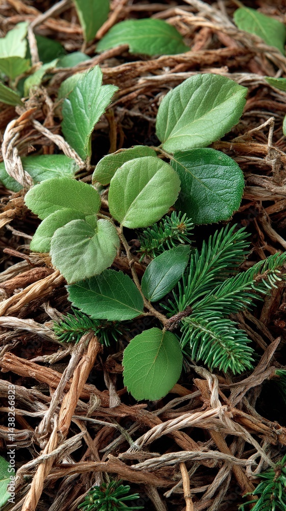 Aufkleber cluster of green leafy plants emerging from dry textured bark surface in vertical frame representing