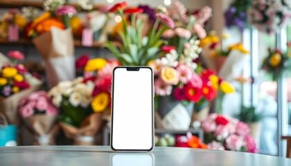 Smartphone on wooden table, flower shop background, colorful bouquets, blurred floral display, modern technology, retail environment, vibrant colors, focus on device screen