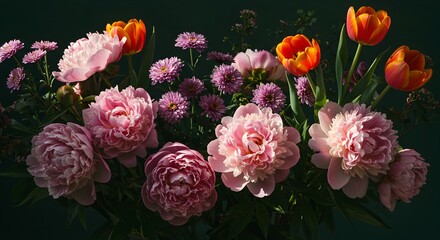 Fototapeta premium Elegant Floral Arrangement Pink Peonies, Orange Tulips, and Purple Asters in Dramatic Lighting