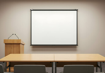Blank projector screen mockup in conference room interior with tables and chairs setup ready for presentation display