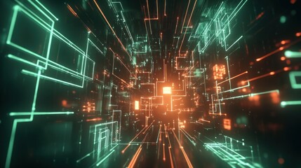 Obraz premium Abstract digital network tunnel. Intricate glowing lines and squares form a futuristic, energetic pathway