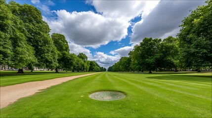 Lush green lawn stretches under a vast sky framed by trees. Serene open space